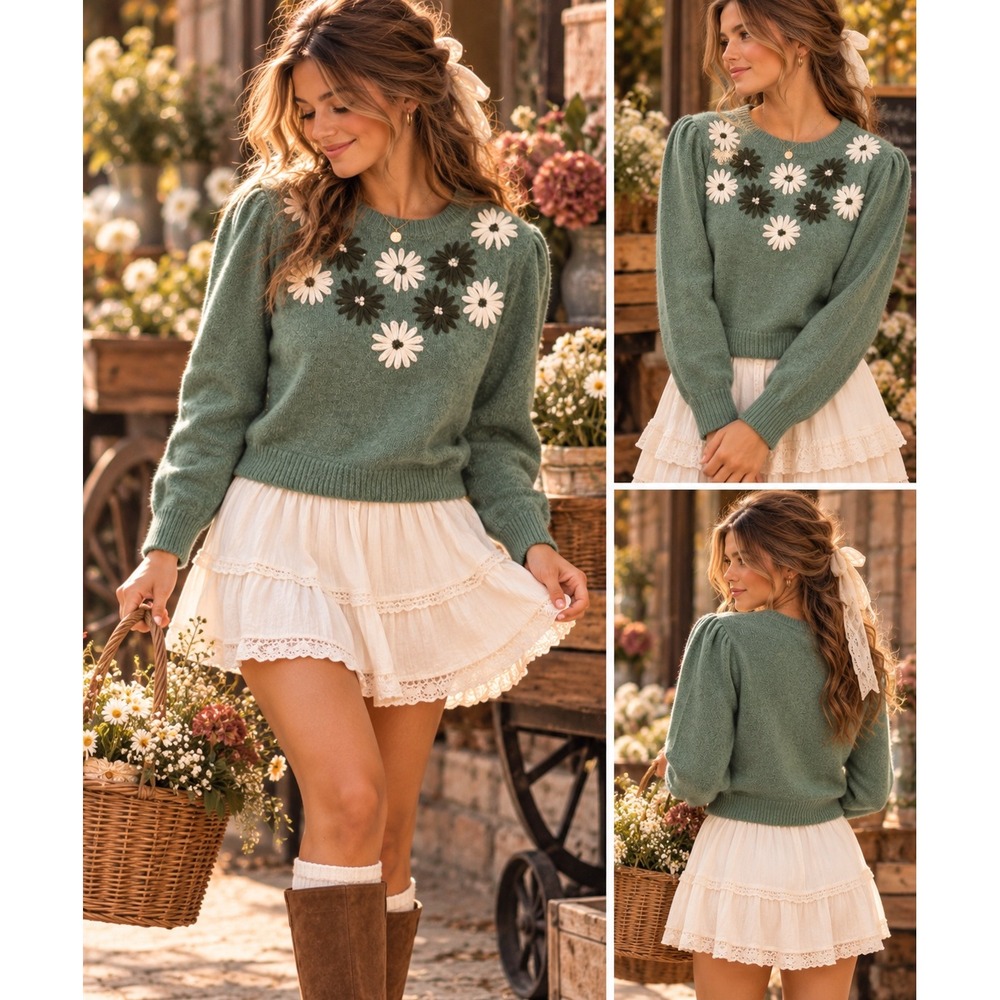 Francesca's Sage Green Daisy Embroidered Knit Sweater Puff Sleeve Medium